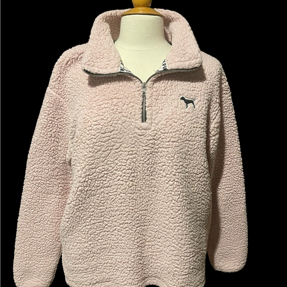 Victoria's Secret PINK, 1/4 Zip Fleece Sherpa Pullover Logo Sweatshirt, MEDIUM.